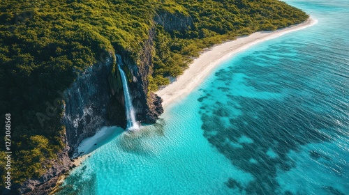 Aerial view of waterfall cascading onto secluded tropical beach