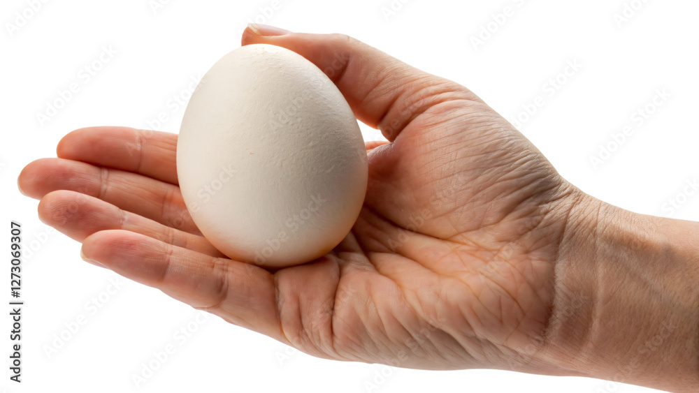 A hand holds a fresh egg isolated on white A hand holds a fresh egg isolated on white