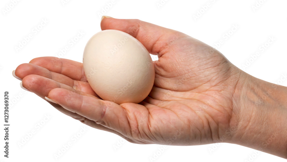A hand holds a fresh egg isolated on white A hand holds a fresh egg isolated on white