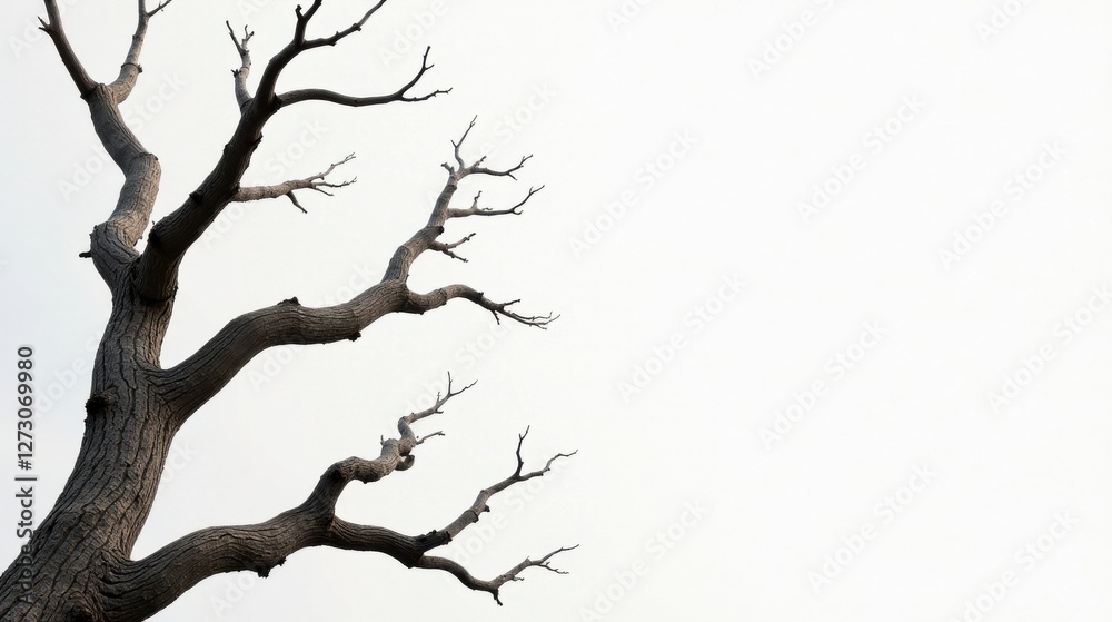Fototapeta premium A stark, leafless tree branch against a bright, clear sky; a study in texture, form, and winter's stark beauty.