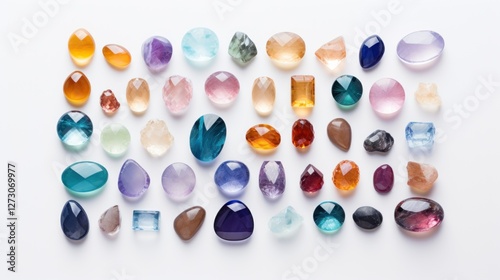 Assorted gemstones collection elegantly arranged on a white background photo