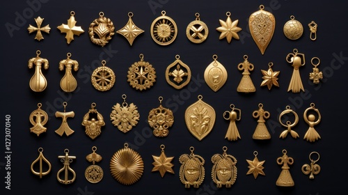 Intricate gold charms collection displaying diverse designs on dark surface