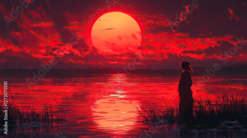 sunset over the lake graceful anime girl silhouette at sunset captivating 4k digital artwork wallpaper generative ai