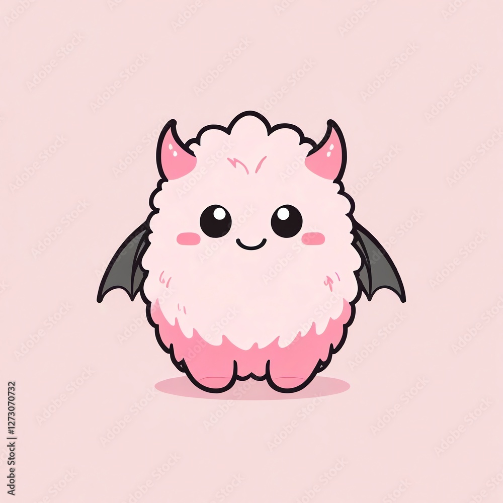 Adorable Pink Fluffy Monster with Devil Horns and Bat Wings Adorable Pink Fluffy Monster with Devil Horns and Bat Wings