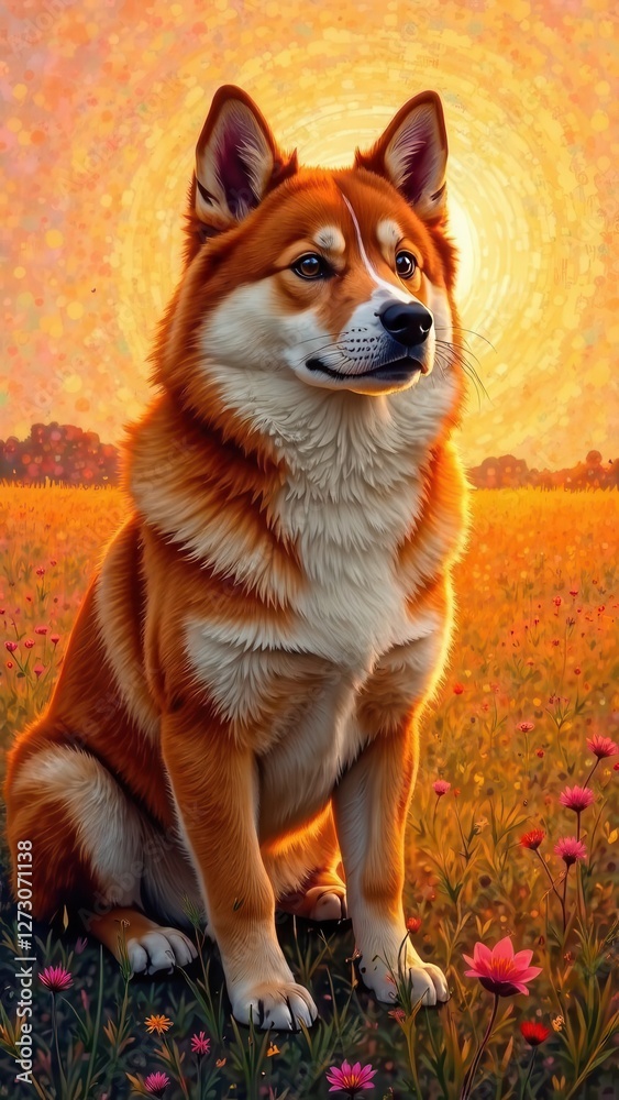 Fototapeta premium Akita Inu outside in a field at sunset