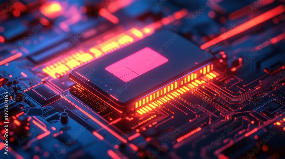 Glowing CPU on Circuit Board, Tech Background, Data Processing (1) Glowing CPU on Circuit Board, Tech Background, Data Processing (1)