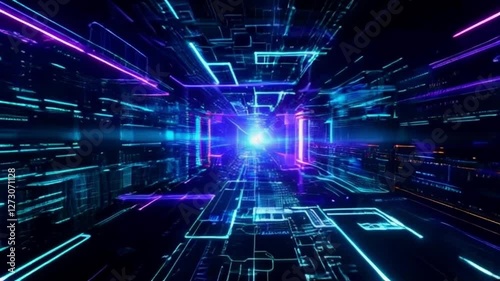 Futuristic Cyberpunk Digital Network with Glowing Neon Circuits, Holographic Interfaces, and 3D Data Streams