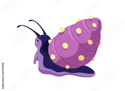 Cute offended snail with decorations on coiled house on its back. Angry slug with ornamented spiral shell. Displeased snailfish character crawls. Flat isolated vector illustration on white background