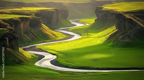 Iceland river valley sunlight landscape scenic travel