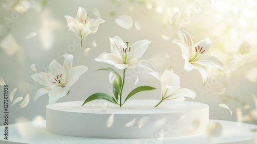 Modern circular podium with delicate white lilies and airy, floating petals, set against a soft spring background.
