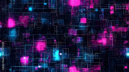 Futuristic Neon Digital Grid with Glowing Pink and Blue Lights Abstract