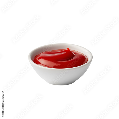 Creamy red ketchup in white bowl, perfect for dipping and enhancing meals. This vibrant condiment adds flavor and color to various dishes