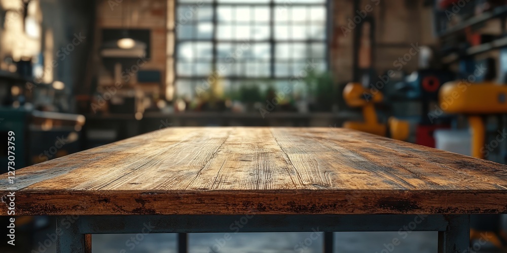 An empty wooden garage table with a blurred background of tools and workshop equipment An empty wooden garage table with a blurred background of tools and workshop equipment