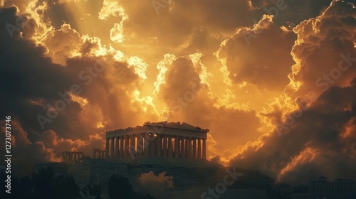 Sunset over Acropolis, Athens, Greece; dramatic clouds