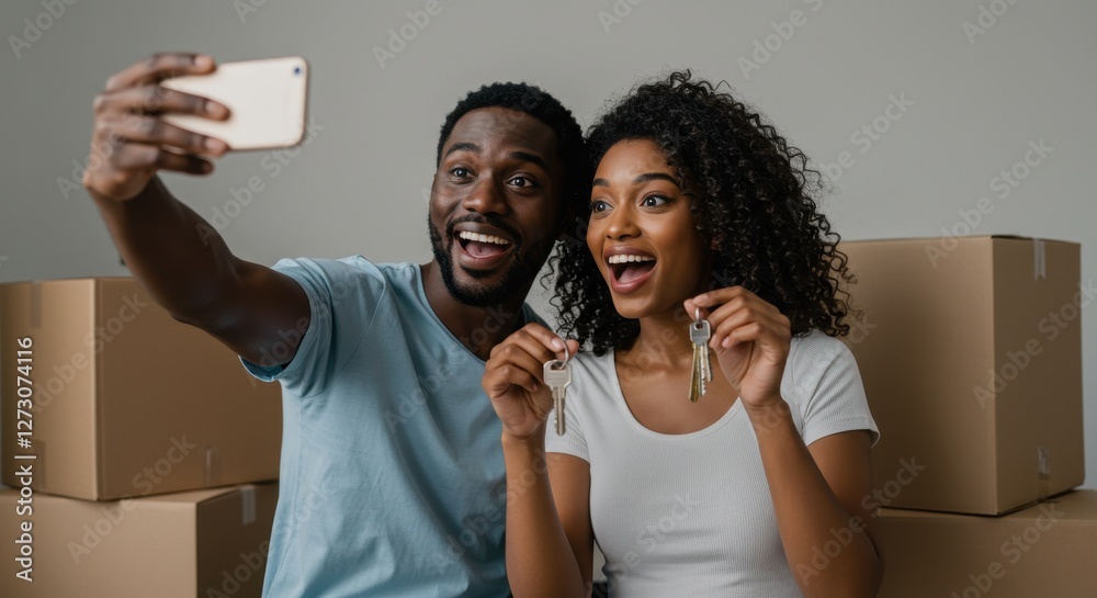 Excited couple celebrates moving into their new home while taking a selfie with keys in hand Excited couple celebrates moving into their new home while taking a selfie with keys in hand