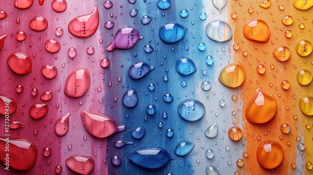 Colorful water droplets on textured fabric surface in red, pink, blue, and orange Colorful water droplets on textured fabric surface in red, pink, blue, and orange