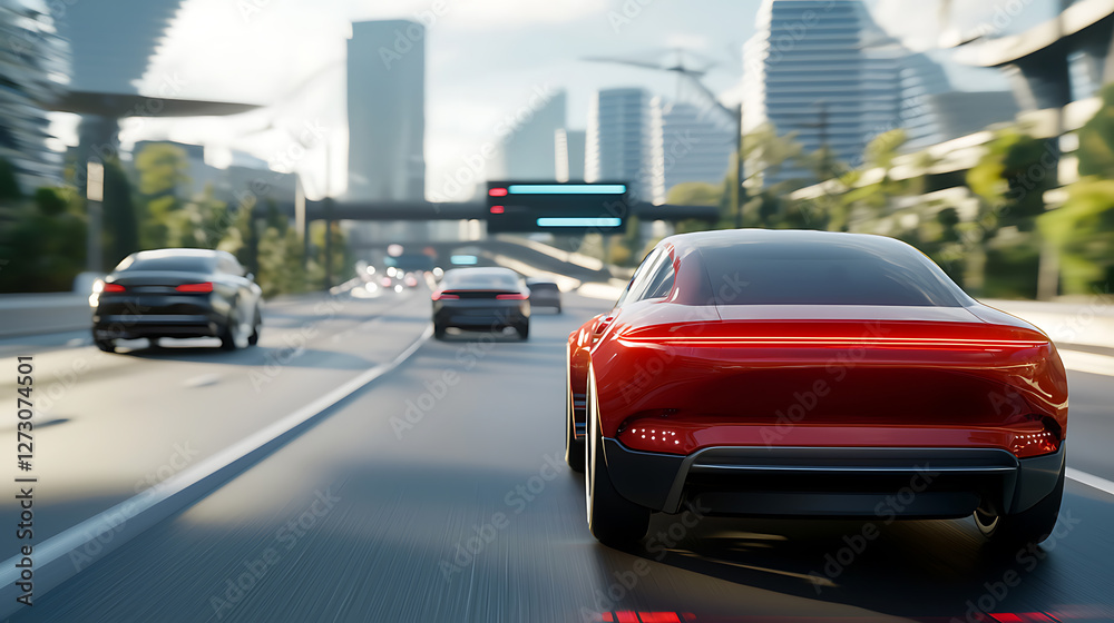 Ai-powered autonomous cars with digital patterns driving on urban roads futuristic cityscape dynamic landscape aerial perspective for enhanced mobility Ai-powered autonomous cars with digital patterns driving on urban roads futuristic cityscape dynamic landscape aerial perspective for enhanced mobility