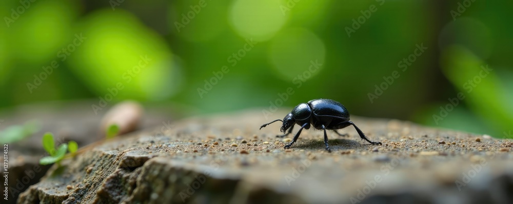 Small black beetle perches on a flat granite slab in the woods, leaves, small black beetle, still life Small black beetle perches on a flat granite slab in the woods, leaves, small black beetle, still life