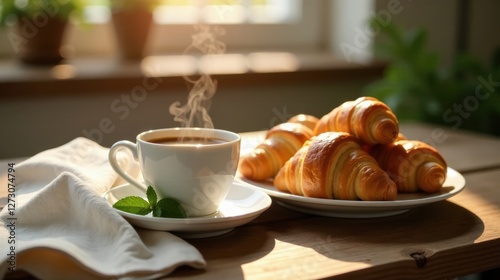 Wallpaper Mural Warm morning beverage and freshly baked pastries on a wooden table in sunlight Torontodigital.ca
