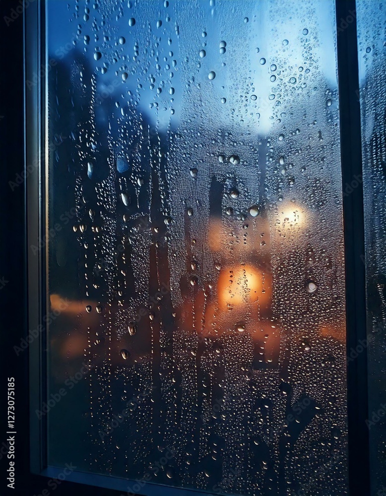 Obraz premium Nighttime, shiny condensation, fog on window glass, delicate patterns, soft reflections, dark ambiance, misty texture, ethereal glow, subtle gradients, tranquil, serene atmosphere.