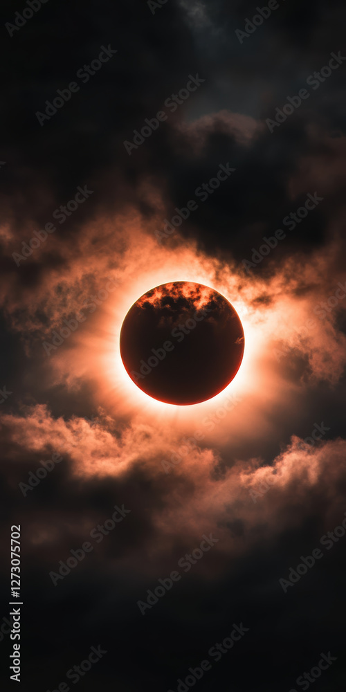 Obraz premium Dramatic solar eclipse with glowing corona surrounded by dark clouds mysterious celestial phenomenon
