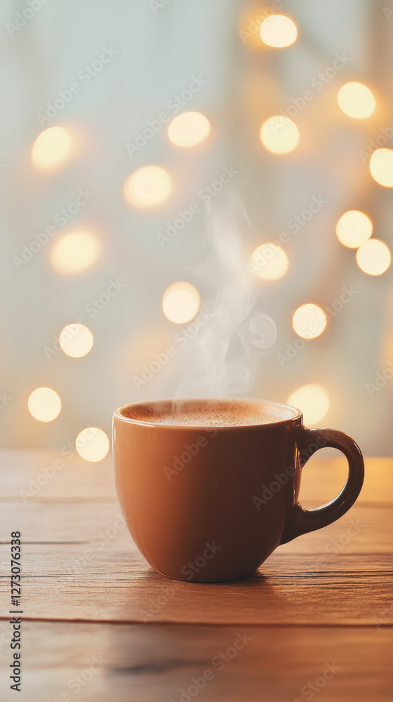 Warm steaming coffee cup on wooden table with blurred golden bokeh lights cozy atmosphere concept Warm steaming coffee cup on wooden table with blurred golden bokeh lights cozy atmosphere concept