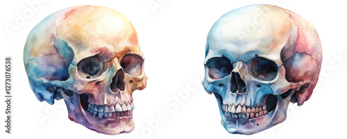 Colorful watercolor skulls, artistic anatomy illustration, vibrant details, educational art, medical design.