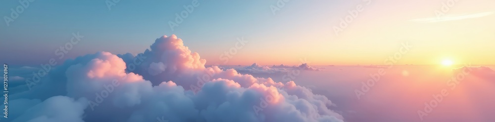Fototapeta premium Softly glowing clouds drift across the pale blue sky at sunrise, natural light, morning, soft focus