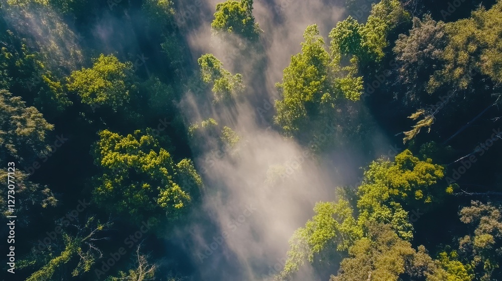 Misty deep forest with lush green foliage, high trees, and dense fog Misty deep forest with lush green foliage, high trees, and dense fog