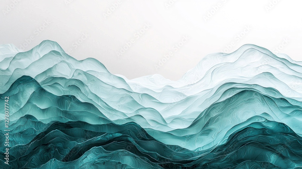 Obraz premium Abstract Teal Mountain Range Landscape: Serene Ink Wash Painting