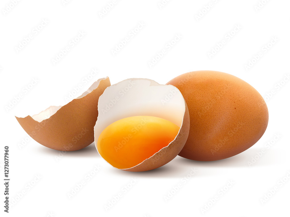 Cracked chicken egg with yolk isolated on white background Cracked chicken egg with yolk isolated on white background