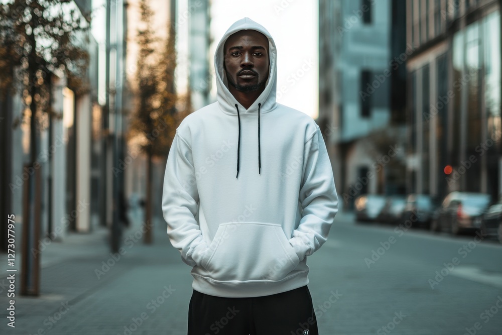 Fototapeta premium Young man in white hoodie standing on urban street at dusk