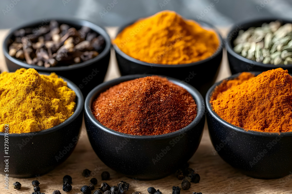 Colorful spices in bowls on wooden board (1) Colorful spices in bowls on wooden board (1)