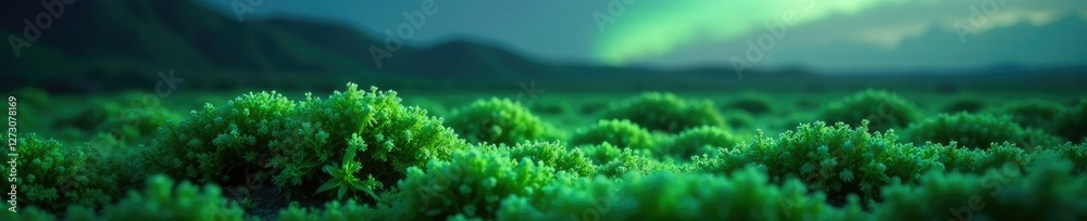 Softly glowing emerald moss in the arctic twilight, environment, twilight, soft Softly glowing emerald moss in the arctic twilight, environment, twilight, soft