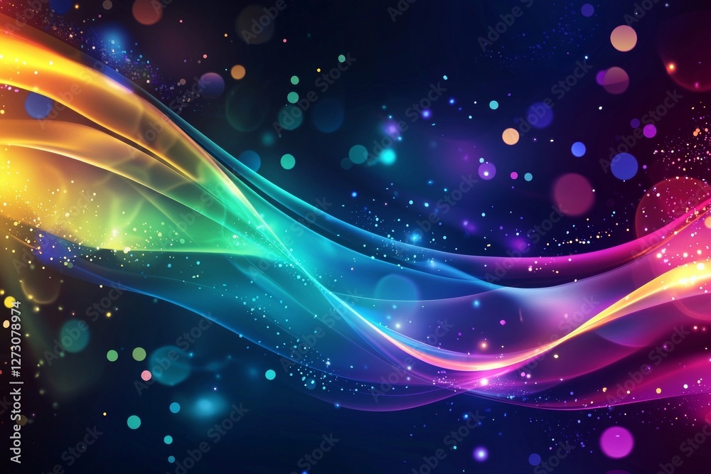 Fototapeta premium Dark background, colorful ribbon-like waves on top with small bubbles in between