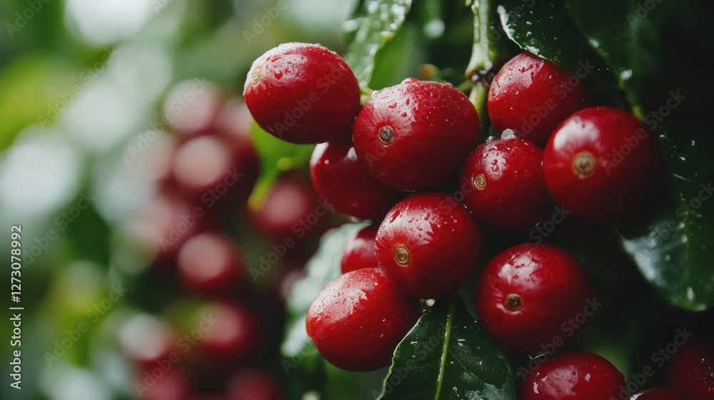Red coffee cherries on branch, plantation, rain, harvest Red coffee cherries on branch, plantation, rain, harvest