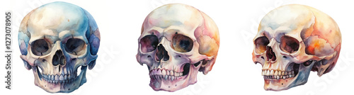 Colorful watercolor skulls, artistic anatomy illustration, three-dimensional perspective, educational art piece, medical study reference.
