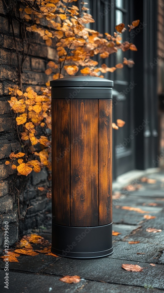 Fototapeta premium Modern Iron Garbage Bin, Black Trash Can on Street, Metal Waste Bin for Mix Trash and Non Recyclable Waste