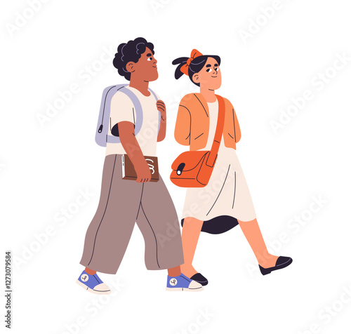 Children go to school, carry schoolbag, textbook. Happy friends, girl and boy with books, backpack walk together. Students, kids with rucksack, knapsack. Flat isolated vector illustration on white