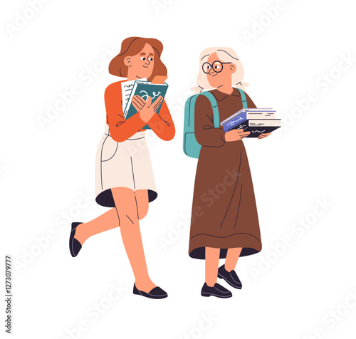 Cute students, little girls go to class together. Kids, pupils carry backpacks, books. Schoolgirls with schoolbag, textbooks back to school. Flat isolated vector illustration on white background