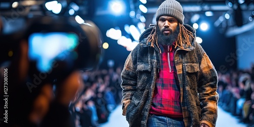 homeless man walking runway at fashion show, paparazzi cameras flashing,  photo