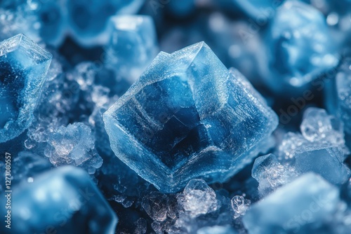 Macro photo of blue crystal texture, showcasing intricate details and sparkling facets