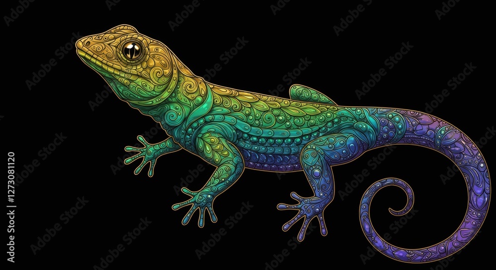 Naklejka premium Colorful gecko illustration showcasing intricate patterns and vibrant hues against a black background