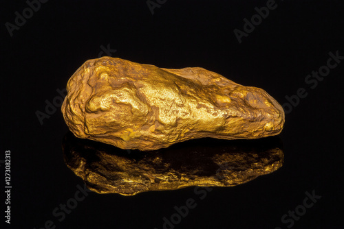 Natural gold nugget isolated on a black background with reflection, a gold rock stone in a nature jewelry beauty concept. Gold from the mountain for a luxury design element and decoration. photo