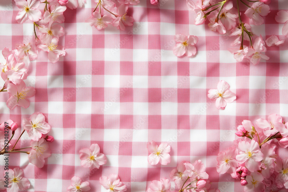Romantic cherry blossom picnic scene with delicate pink petals on checkered blanket background with empty space for text Romantic cherry blossom picnic scene with delicate pink petals on checkered blanket background with empty space for text