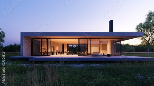 Modern Concrete House in Dusk, Minimalist Architecture, Open Plan Living, Tranquil Countryside Setting