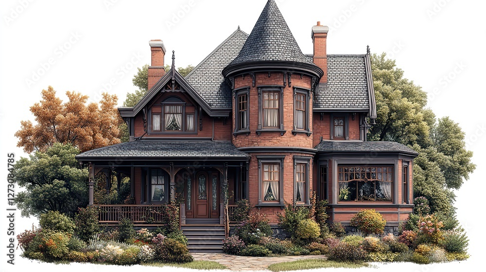victorian style house with turret and porch in a lush garden setting isolated on transparent background high quality png victorian style house with turret and porch in a lush garden setting isolated on transparent background high quality png