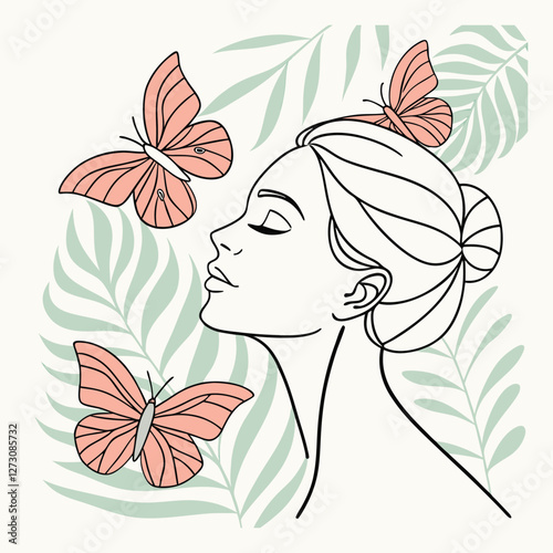 Minimalist drawing of a peaceful woman with butterflies and tropical leaves, embracing nature's beauty.
