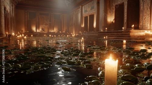 The Plague of Frogs, swarms of green amphibians covering Egyptian temples, Pharaoh in shock, highly detailed realism with dim candle lighting.