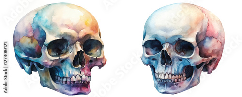 Watercolor skull artwork, vibrant color palette, artistic representation, anatomical study, decorative illustration.